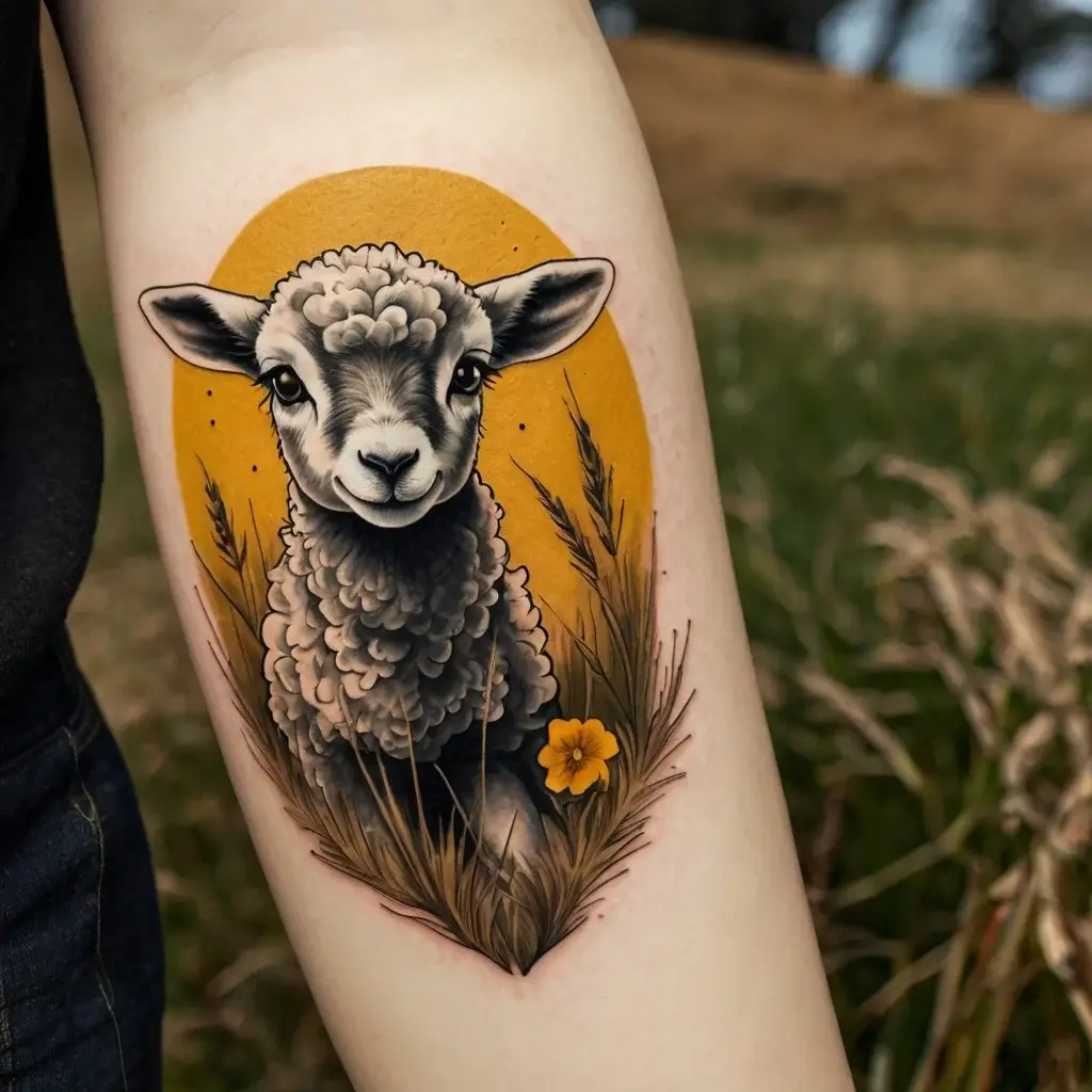 A realistic lamb tattoo with a sunflower, surrounded by grass, set against a yellow oval background on the upper arm.