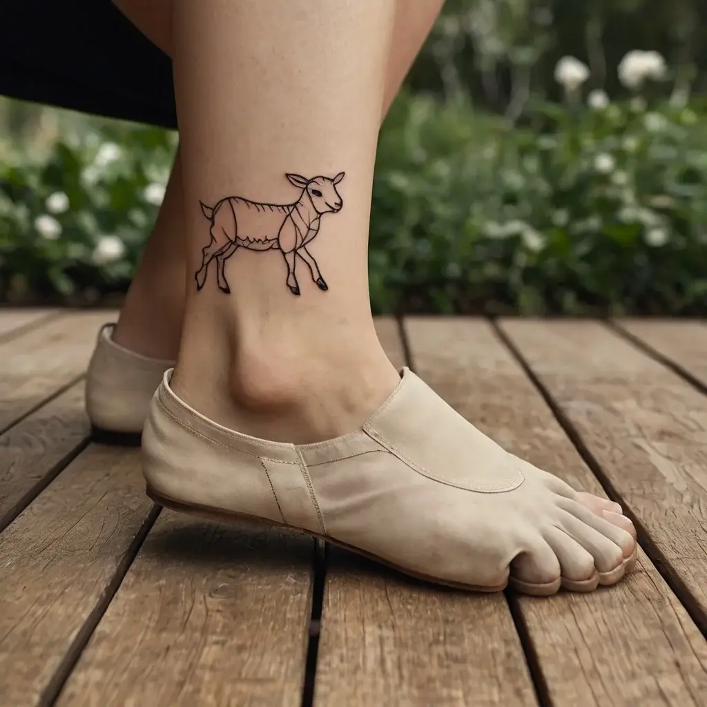 Line art goat tattoo on ankle, simple and elegant with minimalist detail, set against an outdoor wooden deck backdrop.