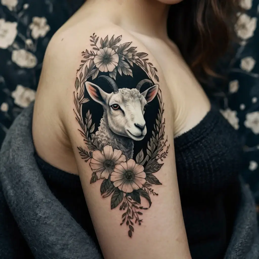 Detailed tattoo of a goat framed by floral elements and leaves, blending realism and soft shading on the upper arm.