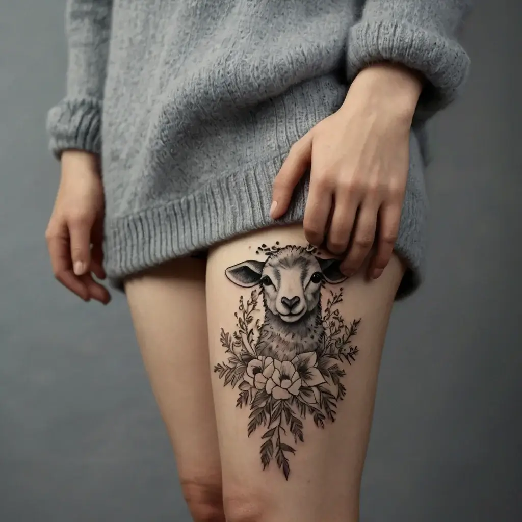 Thigh tattoo of a realistic sheep surrounded by detailed flowers and leaves, emphasizing harmony and nature.