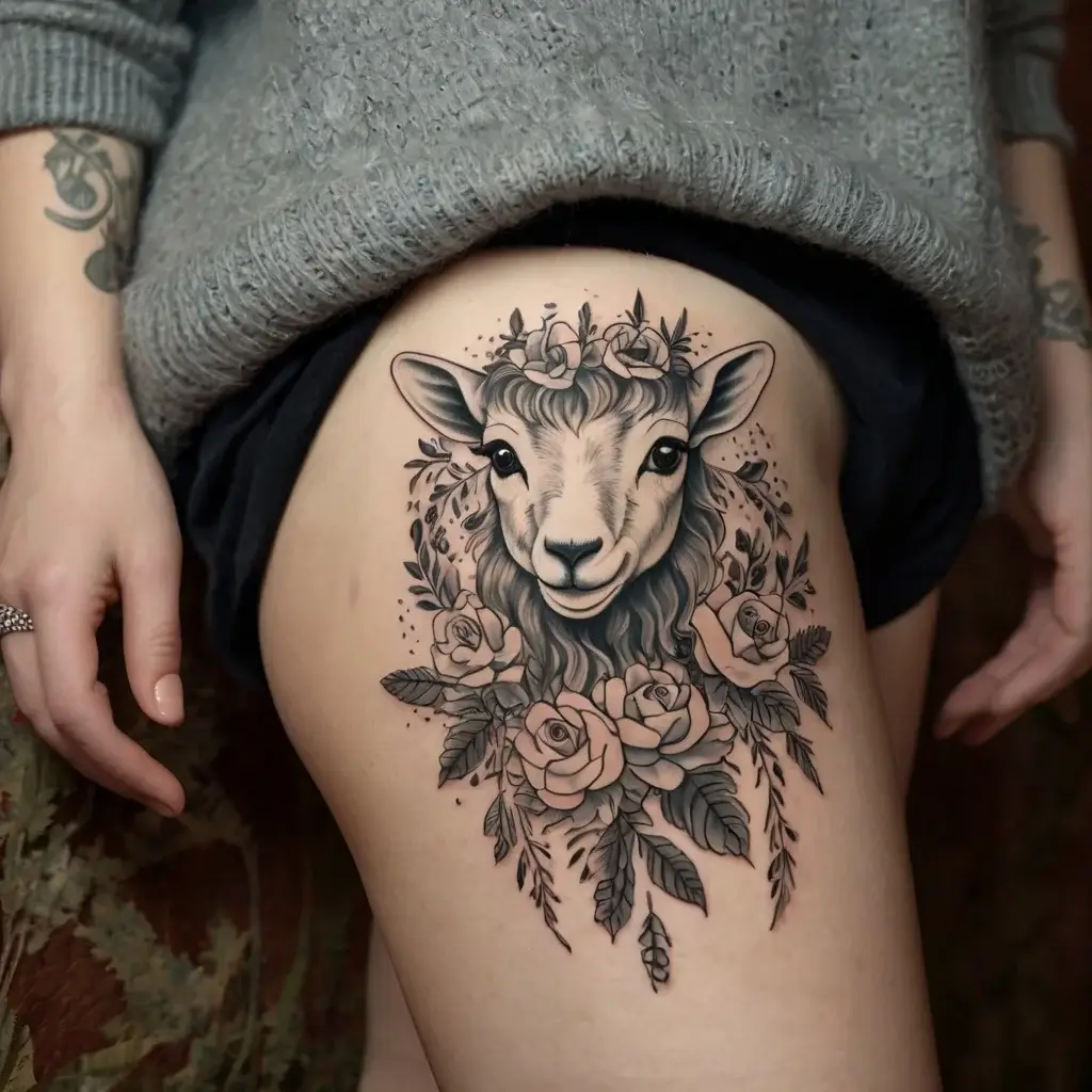 Thigh tattoo of a lamb with a floral wreath, surrounded by detailed roses and leaves in black and gray ink.