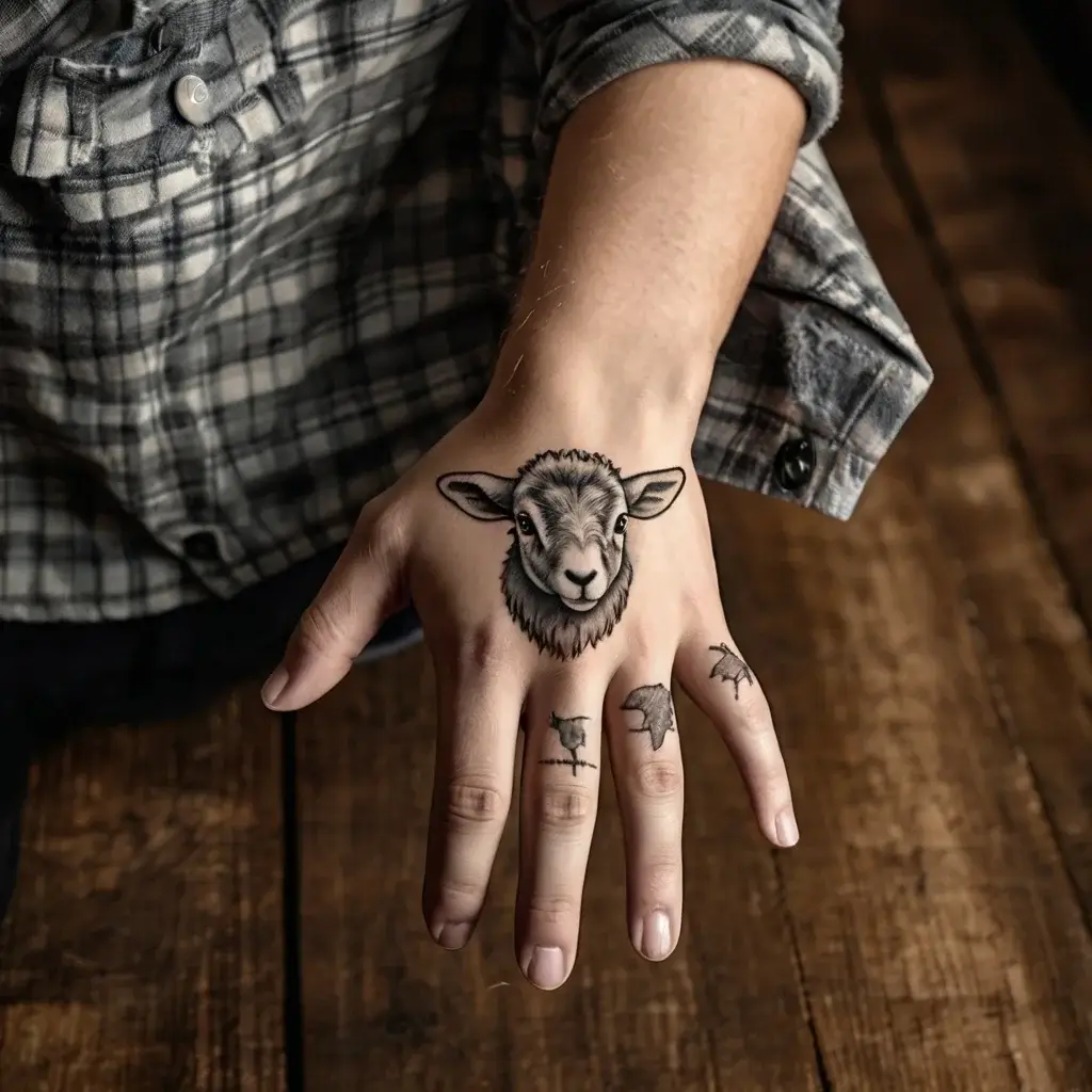 Hand tattoo of a detailed sheep head on the back, with small animal and leaf designs on the fingers.