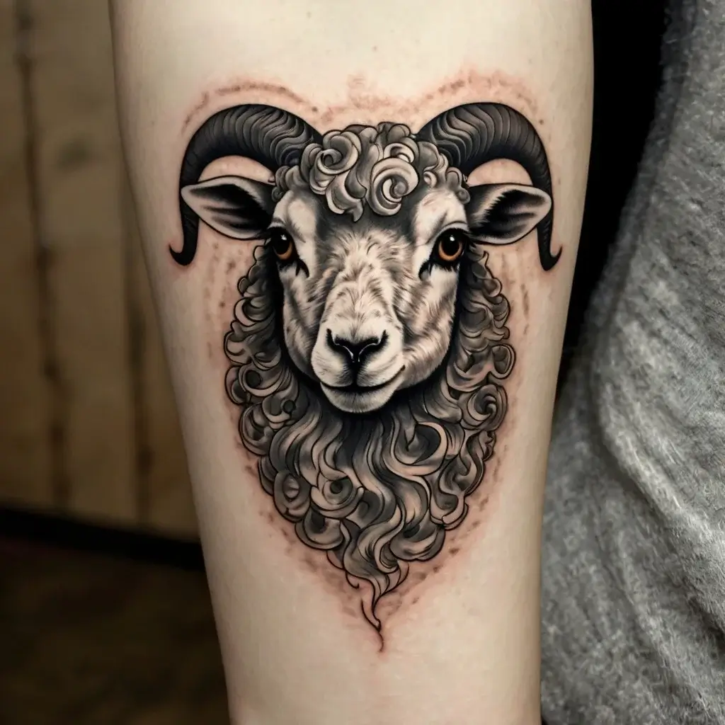 Black and gray tattoo of a ram's head with detailed curly wool, prominent horns, and intricate shading on the skin.