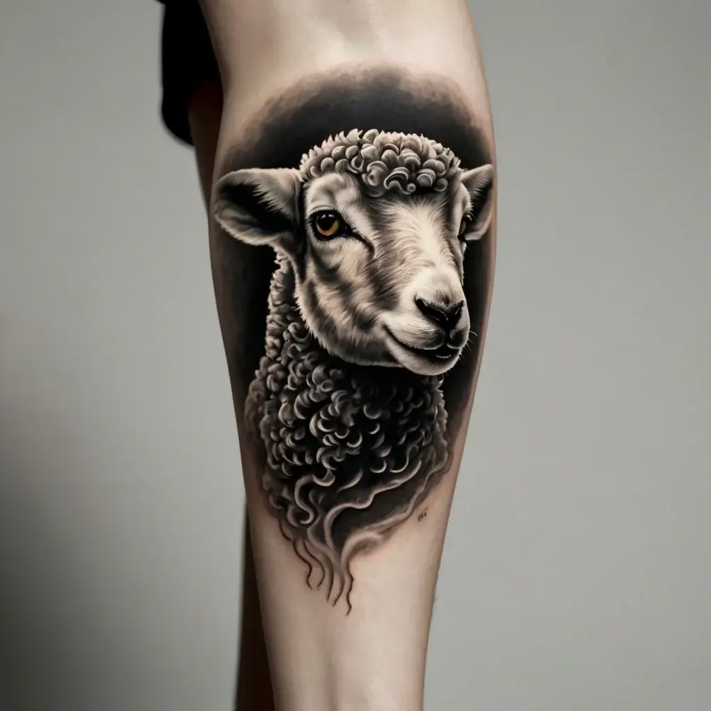 Realistic sheep tattoo with detailed curls and shaded background on calf, capturing gentle expression and texture.