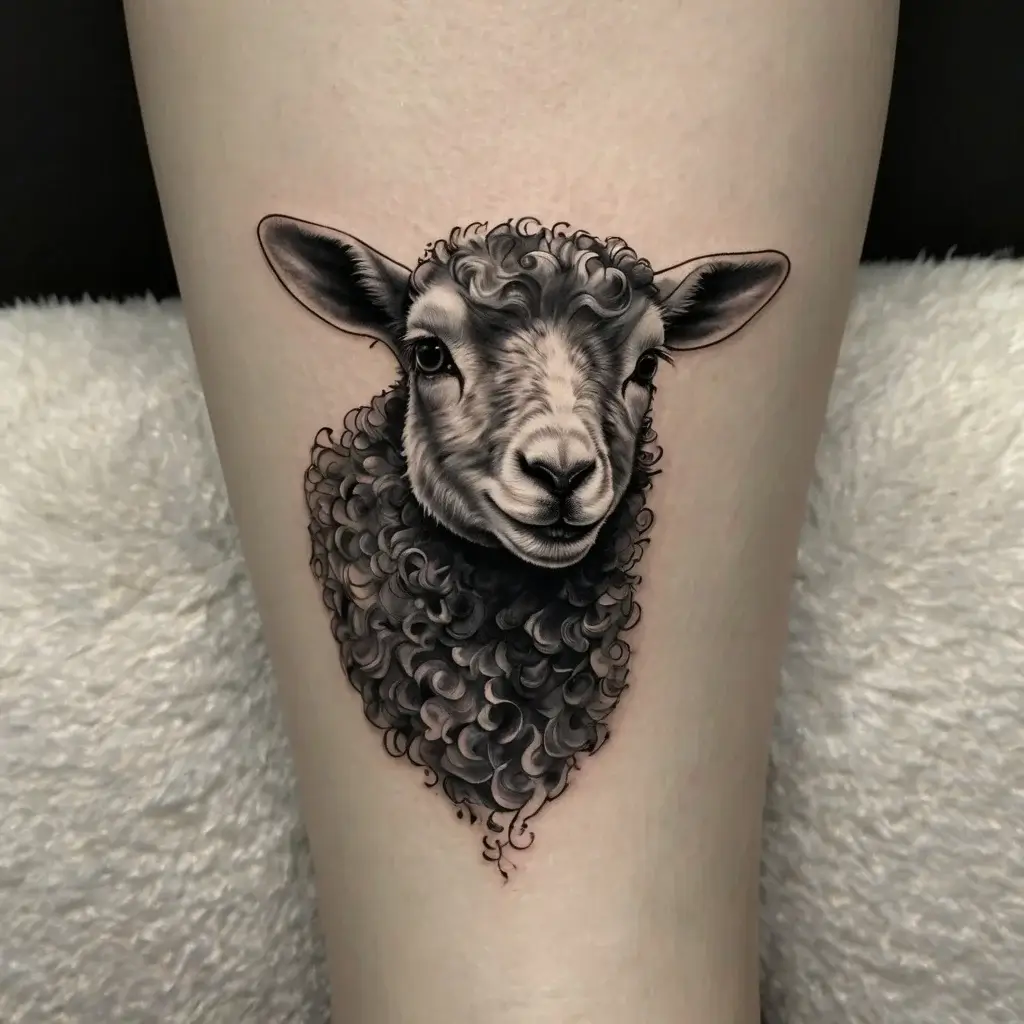 Realistic black and gray tattoo of a curly-fleeced sheep with detailed eyes and shading on a person's calf.