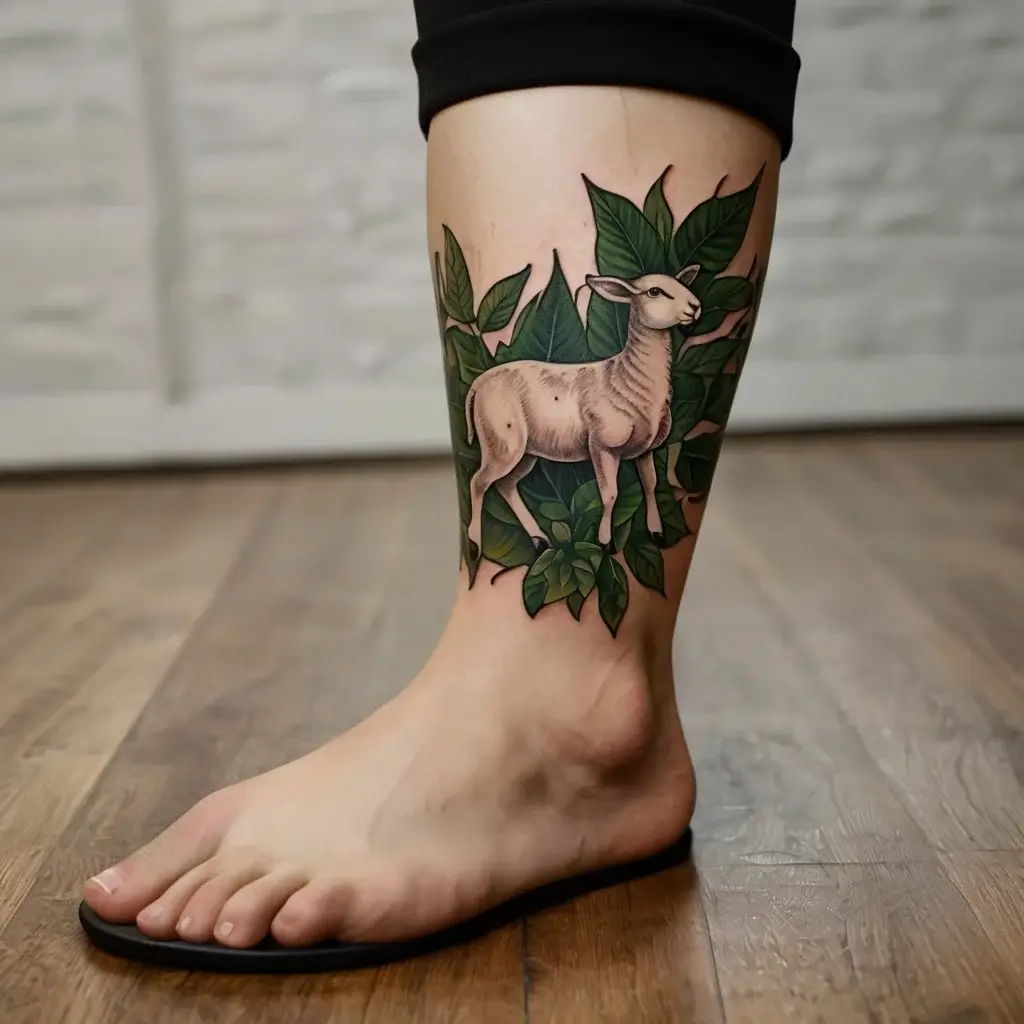 A tattoo of a doe surrounded by lush green leaves on the calf, creating a serene and nature-inspired design.