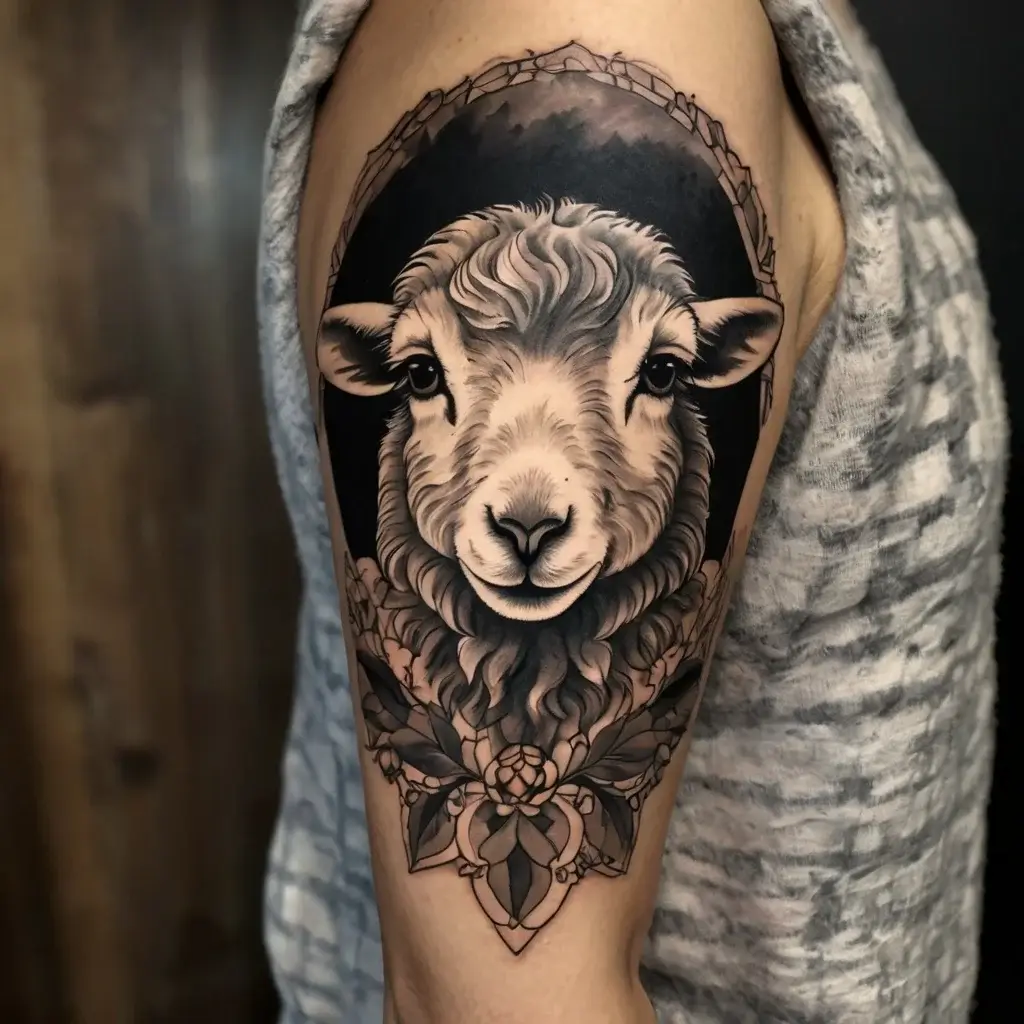 Realistic sheep tattoo framed by floral and geometric elements, blending soft shading with bold outlines on upper arm.