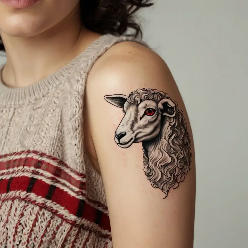 Tattoo of a realistic sheep head with detailed curls and vivid red eyes on the upper arm.