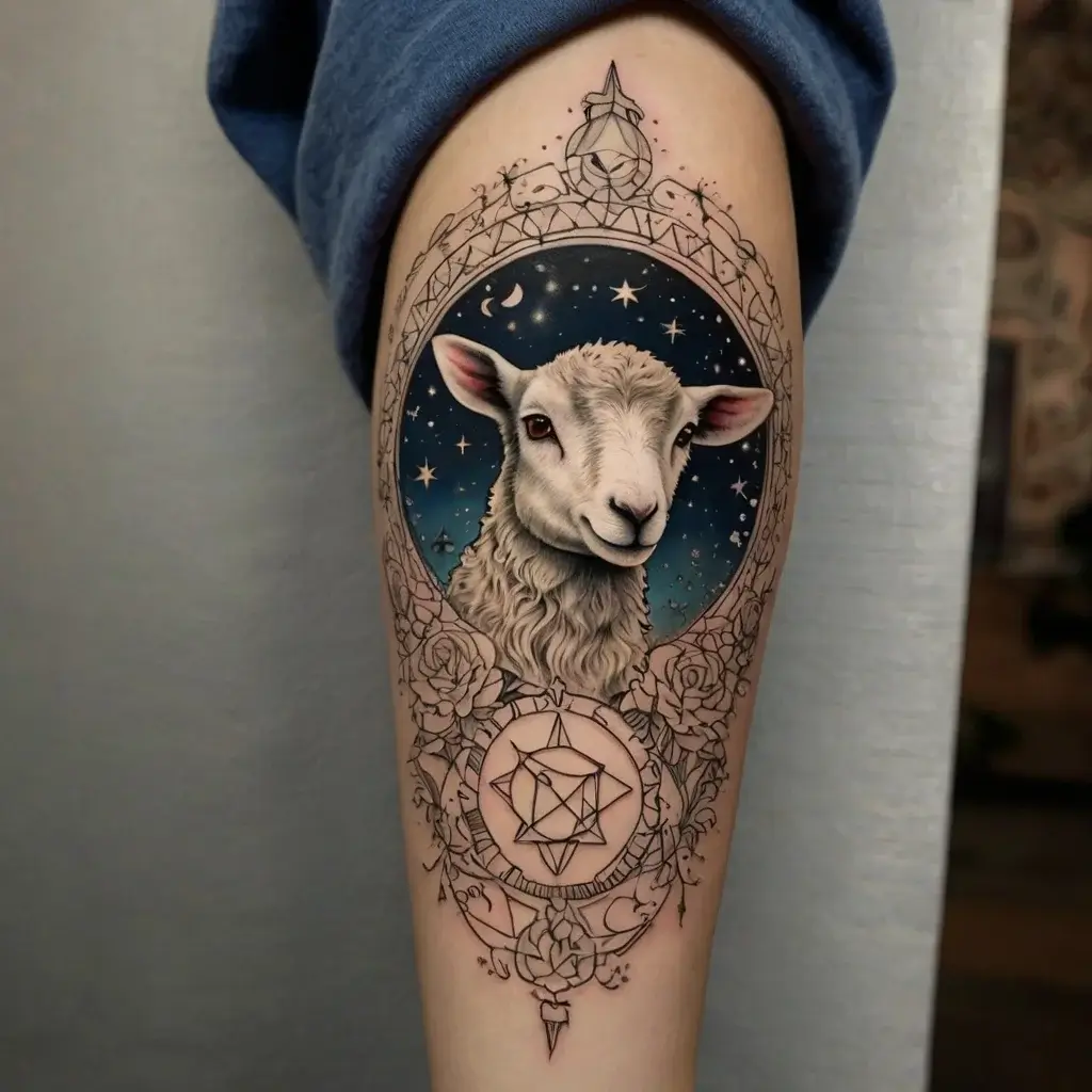 Tattoo of a lamb in a starry frame, surrounded by roses and geometric shapes on the forearm, symbolizing innocence.