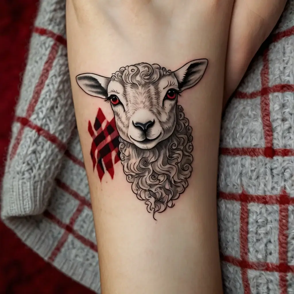 Realistic sheep tattoo with intricate wool details and red geometric design on wrist, symbolizing innocence and warmth.