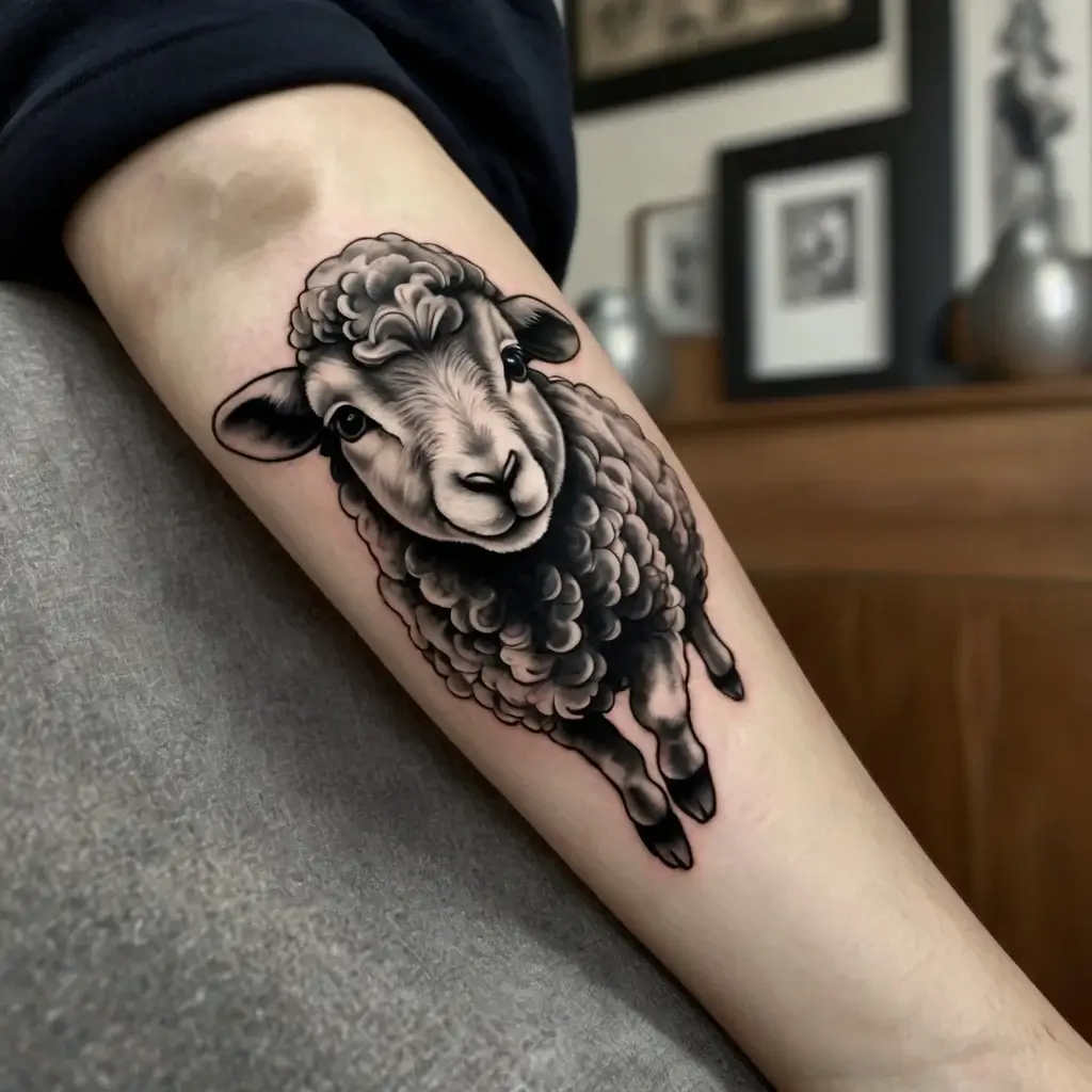 Realistic black and gray sheep tattoo on forearm, highlighting detailed wool texture and gentle facial expression.