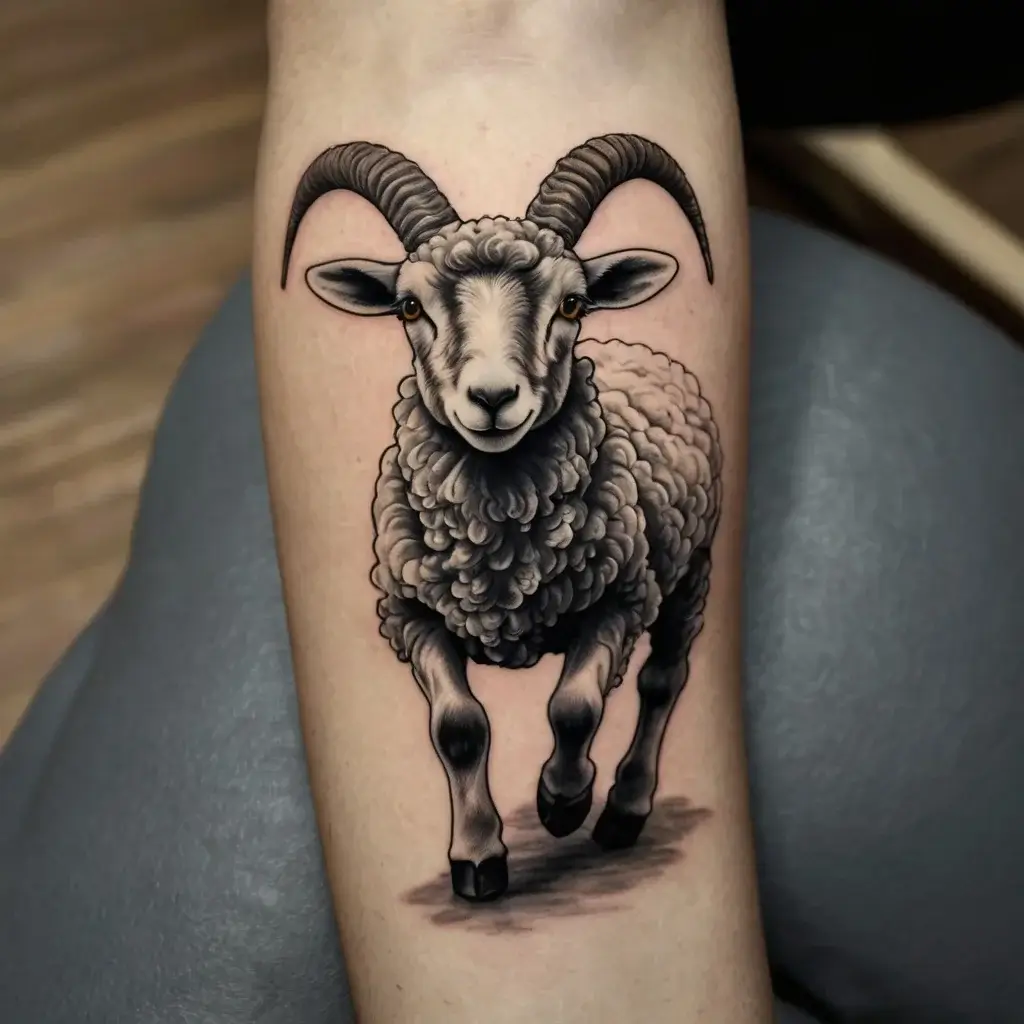 Realistic black and gray sheep tattoo with detailed curly wool and prominent horns, giving a lifelike, vibrant appearance.