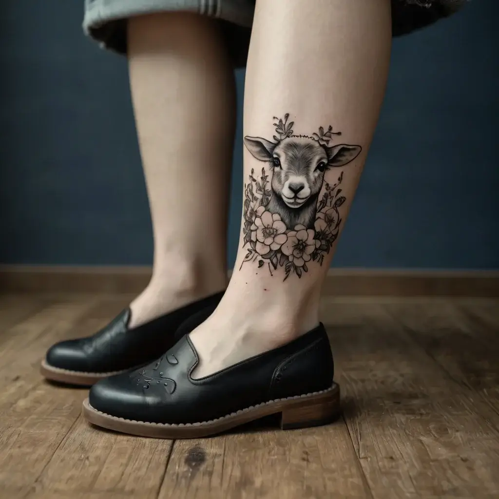 A detailed lamb surrounded by floral elements, featuring soft shading and intricate linework on the lower leg.