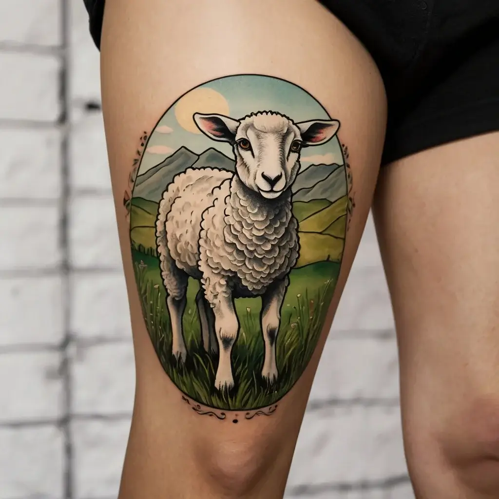 Tattoo of a detailed sheep in a pastoral landscape, featuring mountains and greenery, with a subtle sun in the background.