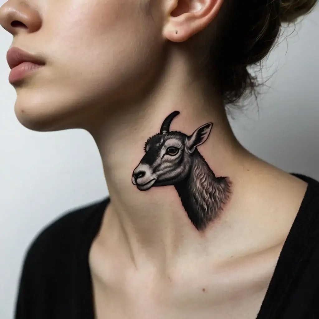 Realistic goat head tattoo on neck, featuring detailed shading and texture for lifelike depth and expression.