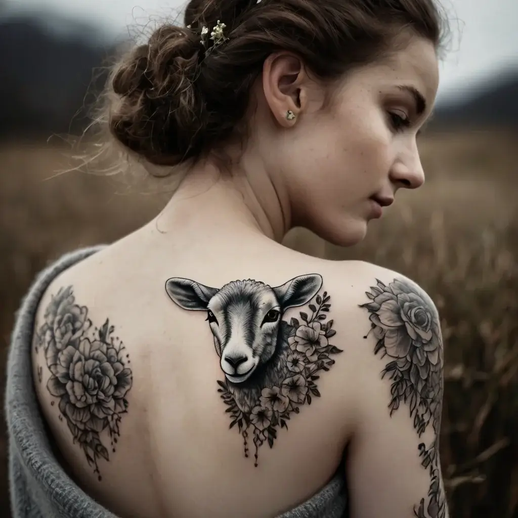 Tattoo of goat with floral wreath on woman's back; detailed peonies and leaves extend to shoulders for a nature theme.