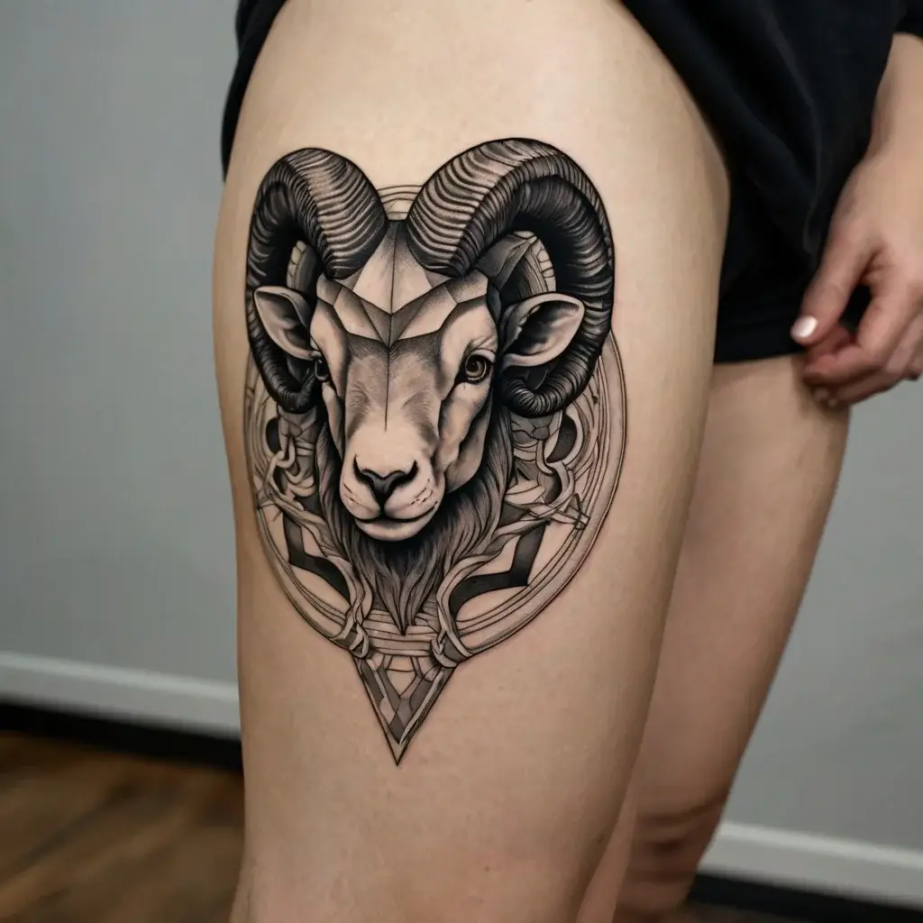 Geometric ram tattoo with intricate lines and shading, highlighting detailed horns and mystical patterns on the thigh.