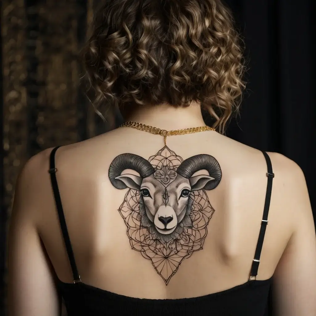 Tattoo of a ram's head with intricate geometric patterns, centered on the upper back, blending realism with mandala art.