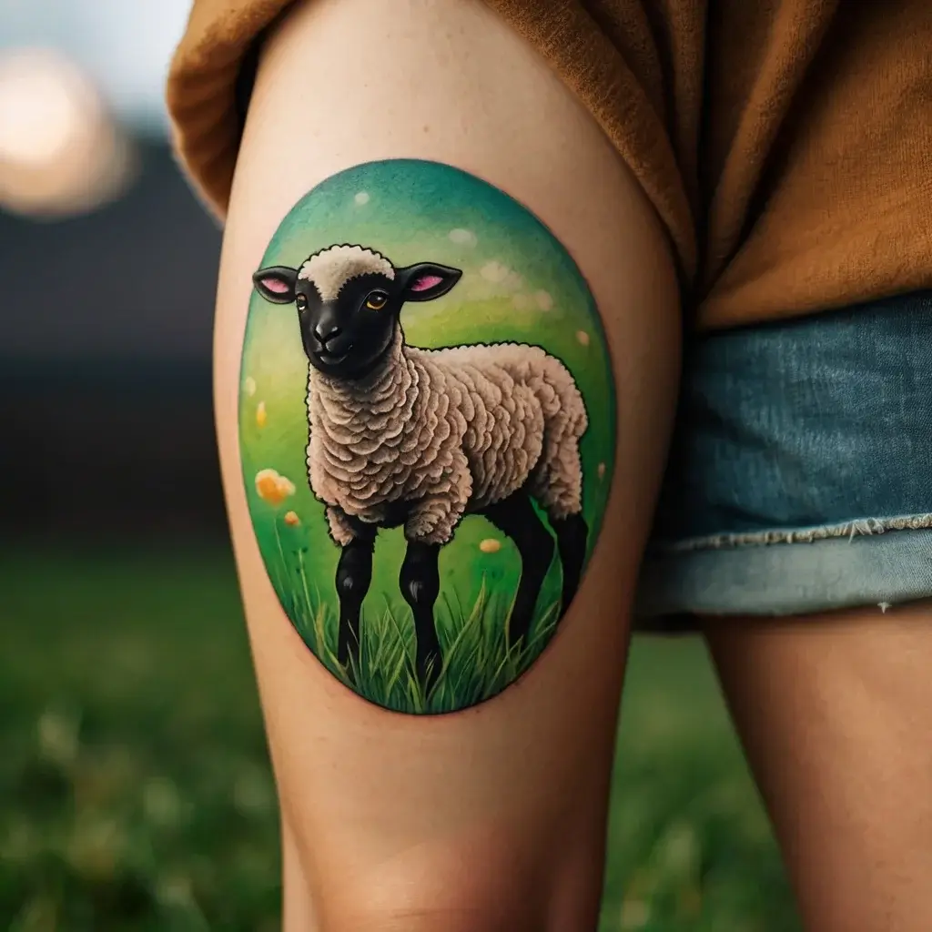 Realistic tattoo of a sheep in a grassy meadow, with a vivid green and yellow background on the upper thigh.