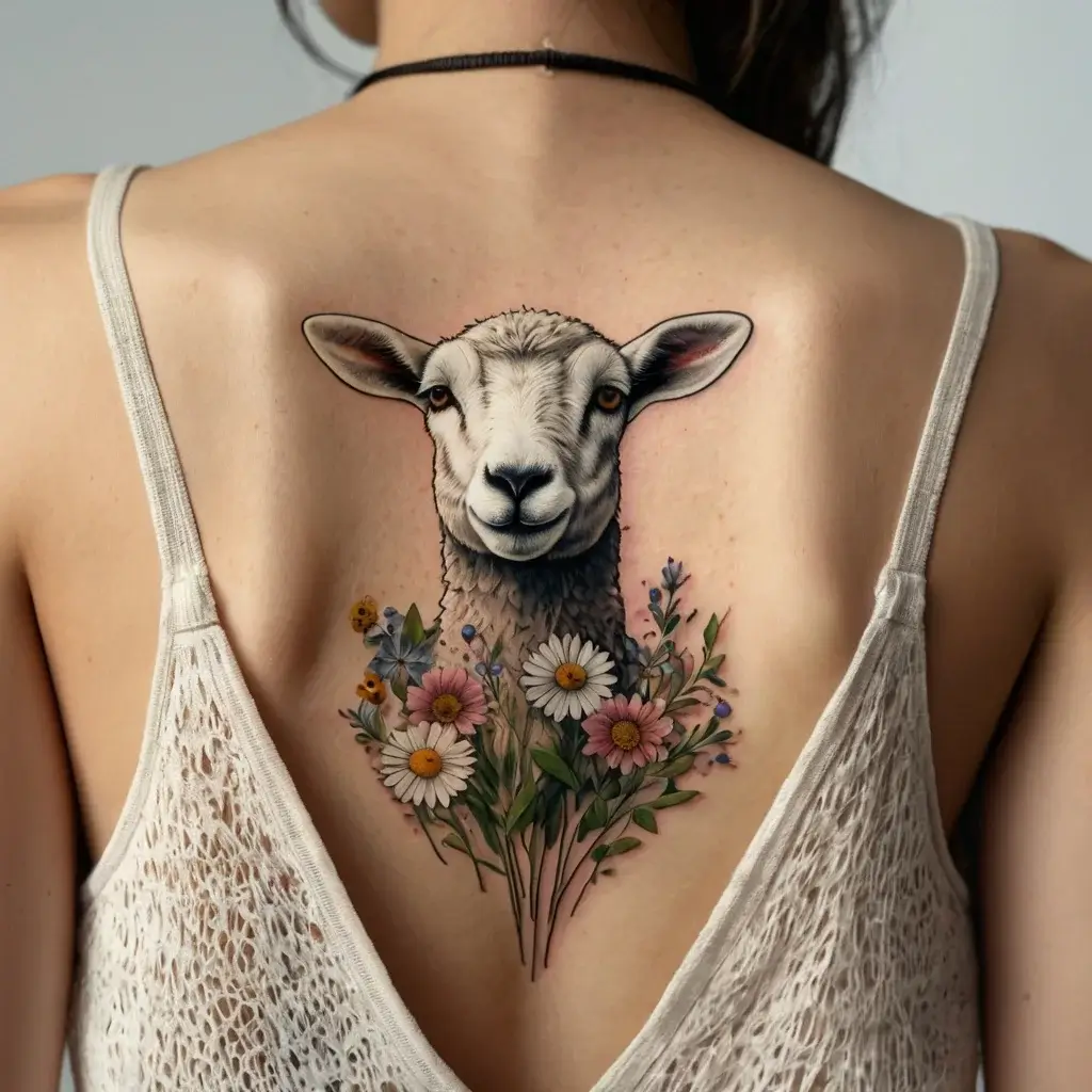 A realistic sheep tattoo surrounded by vibrant daisies and wildflowers on the upper back, symbolizing serenity and nature.