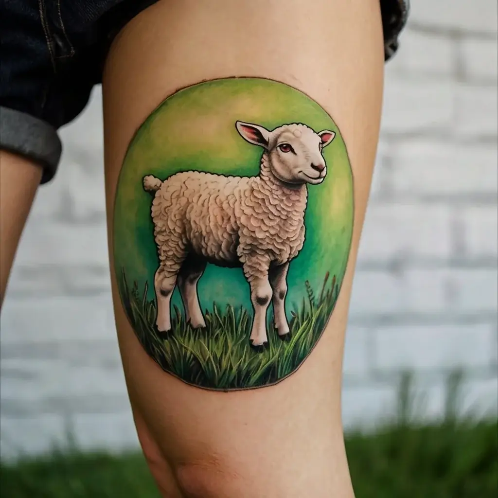 Tattoo of a realistic lamb standing on grass, surrounded by a vibrant green and blue circular background on the thigh.