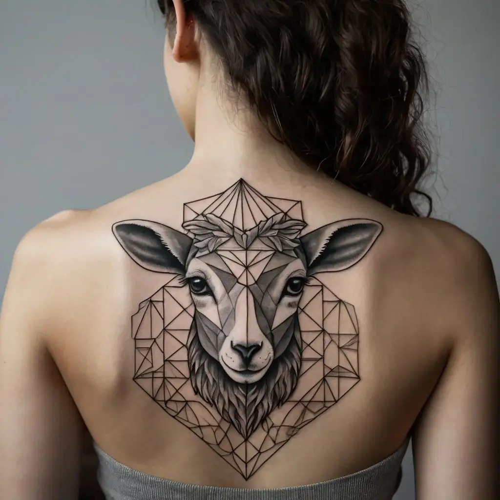 Geometric sheep tattoo on upper back, blending intricate polygonal lines with realistic shading.