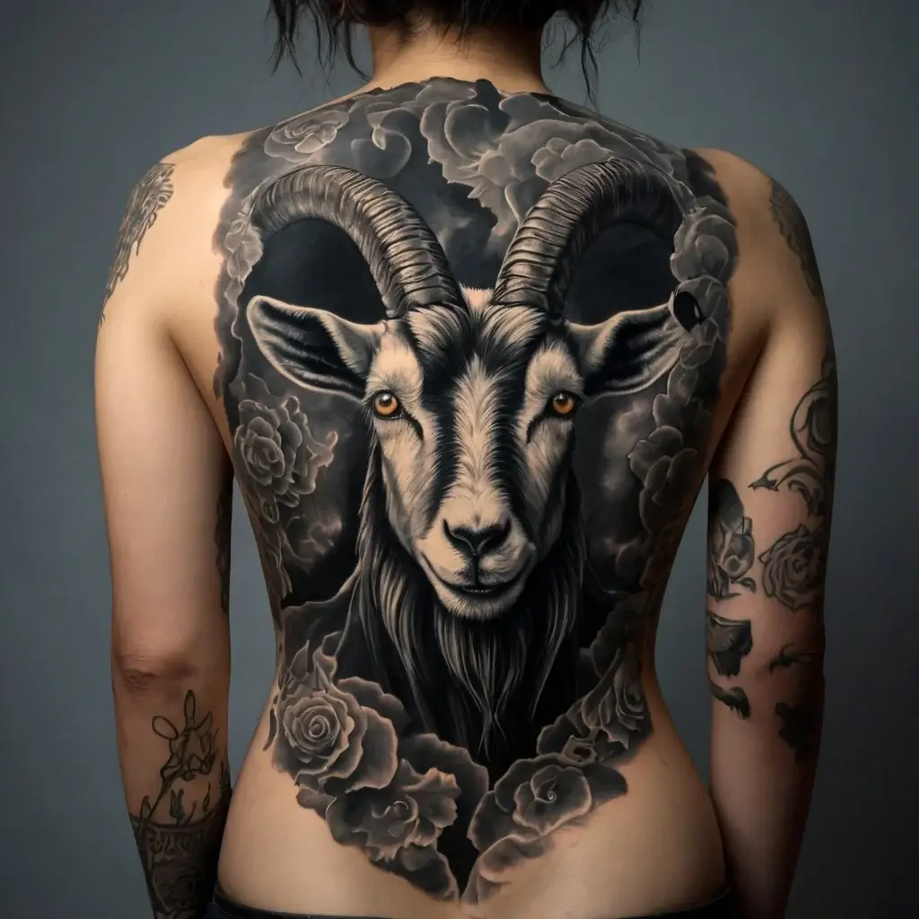 Realistic goat tattoo with striking eyes, encircled by dark clouds and roses, spanning the entire back.