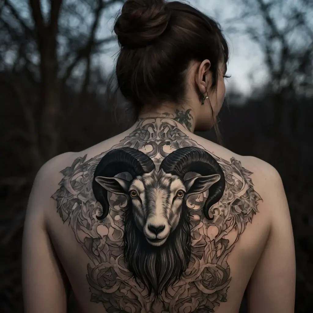 Intricate back tattoo of a ram's head with swirling foliage, symbolizing strength and nature's connection.