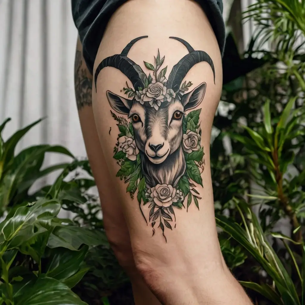 Realistic goat head tattoo with detailed horns, surrounded by roses and green leaves on a person's thigh.