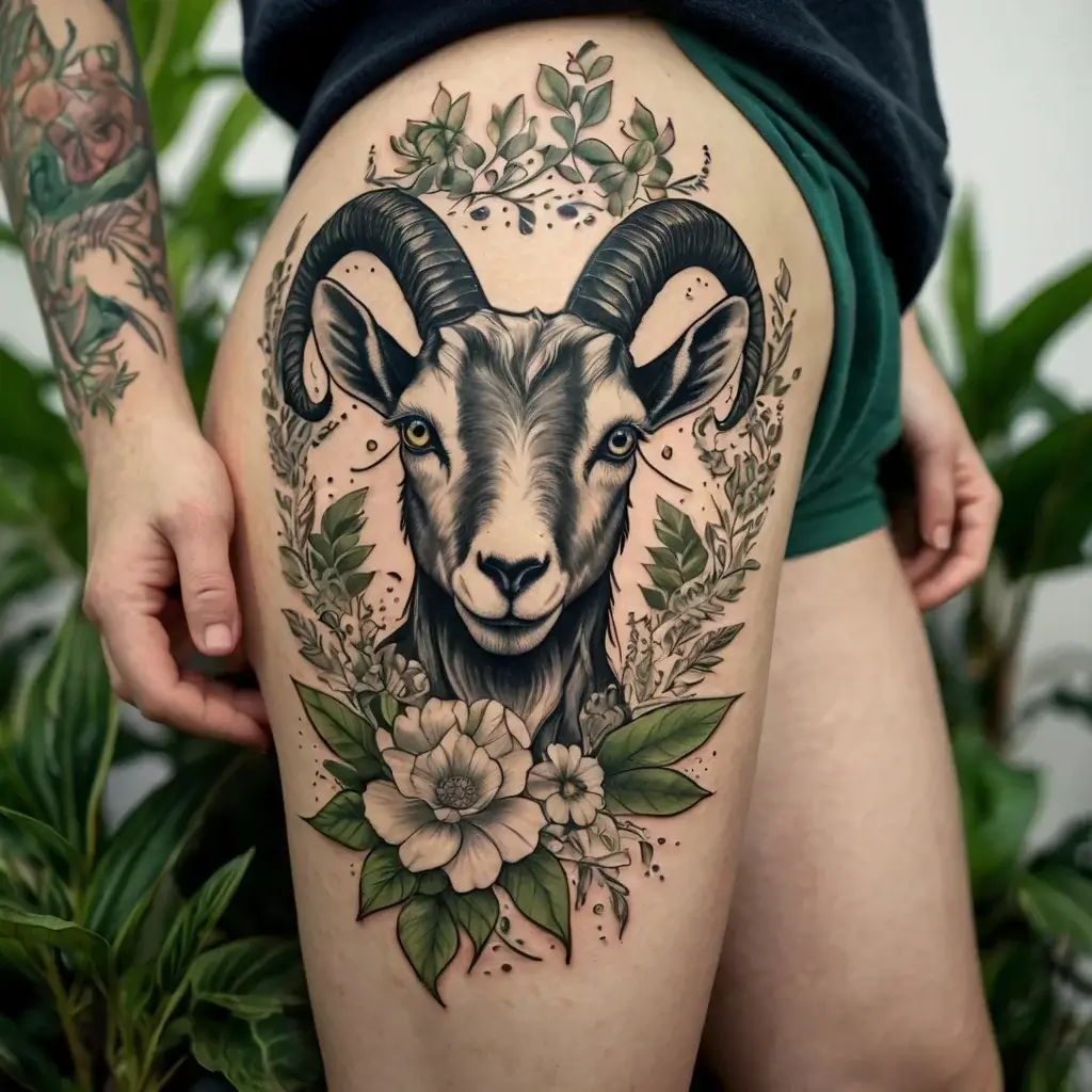 Tattoo of a goat head with curved horns surrounded by floral and foliage designs, blending realism and illustrative style.