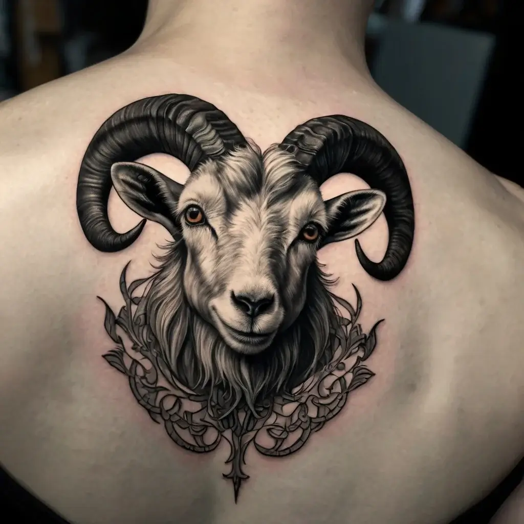 Intricate tattoo of a ram's head with detailed horns and fur, surrounded by ornamental flourishes on the upper back.