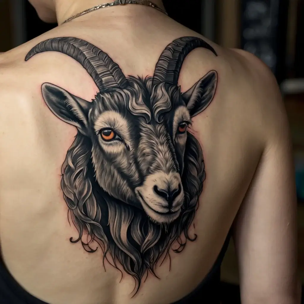 Detailed black and gray goat head tattoo on the back, with realistic shading and vibrant orange eyes.