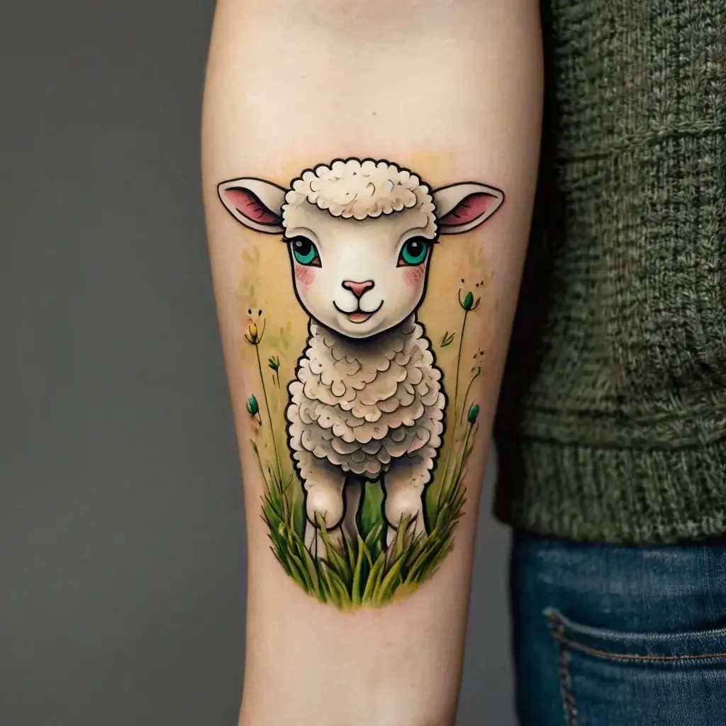 A vibrant tattoo of a cute lamb with blue eyes, standing in grass and flowers, accented by soft yellow and green hues.