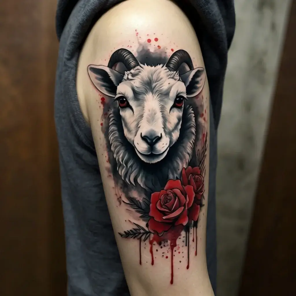 Realistic ram tattoo with bold black shading, vivid red roses, and splatter effect, blending strength and beauty.