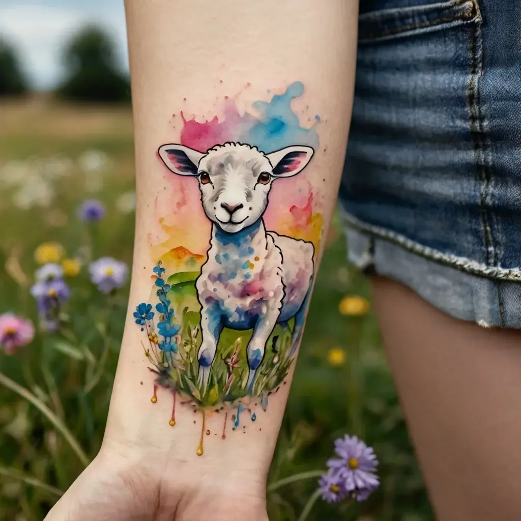 Colorful tattoo of a lamb in a watercolor style, surrounded by flowers, blending nature and art vibrantly.