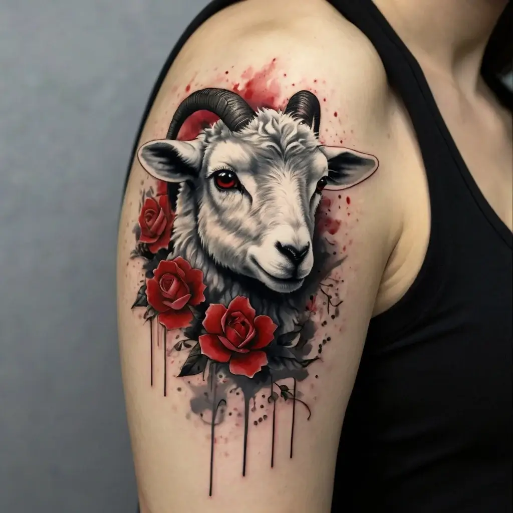 Tattoo of a realistic goat head with striking red eyes, surrounded by vibrant red roses and abstract splatter effects.