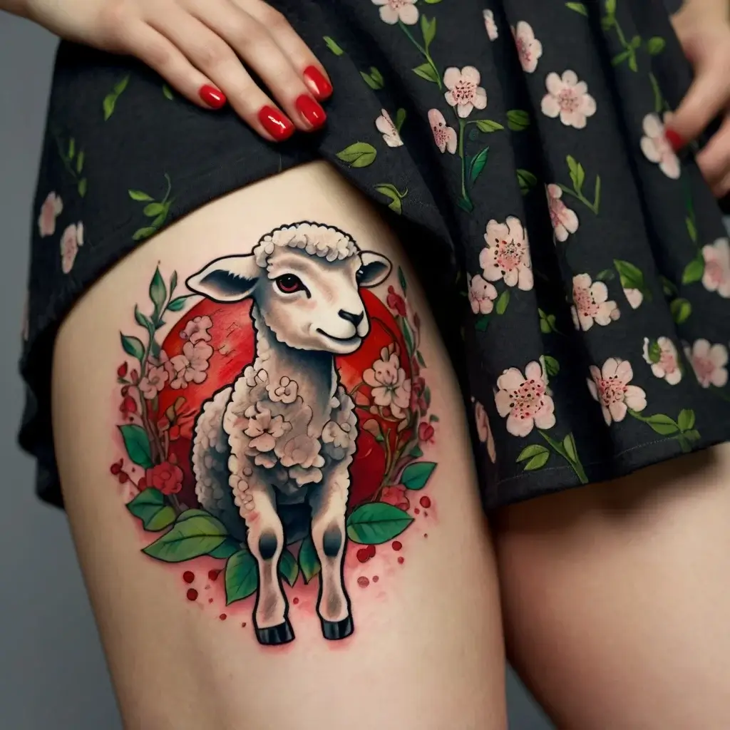 Lamb tattoo on thigh with cherry blossoms and green leaves against a red background, creating a serene and vibrant look.