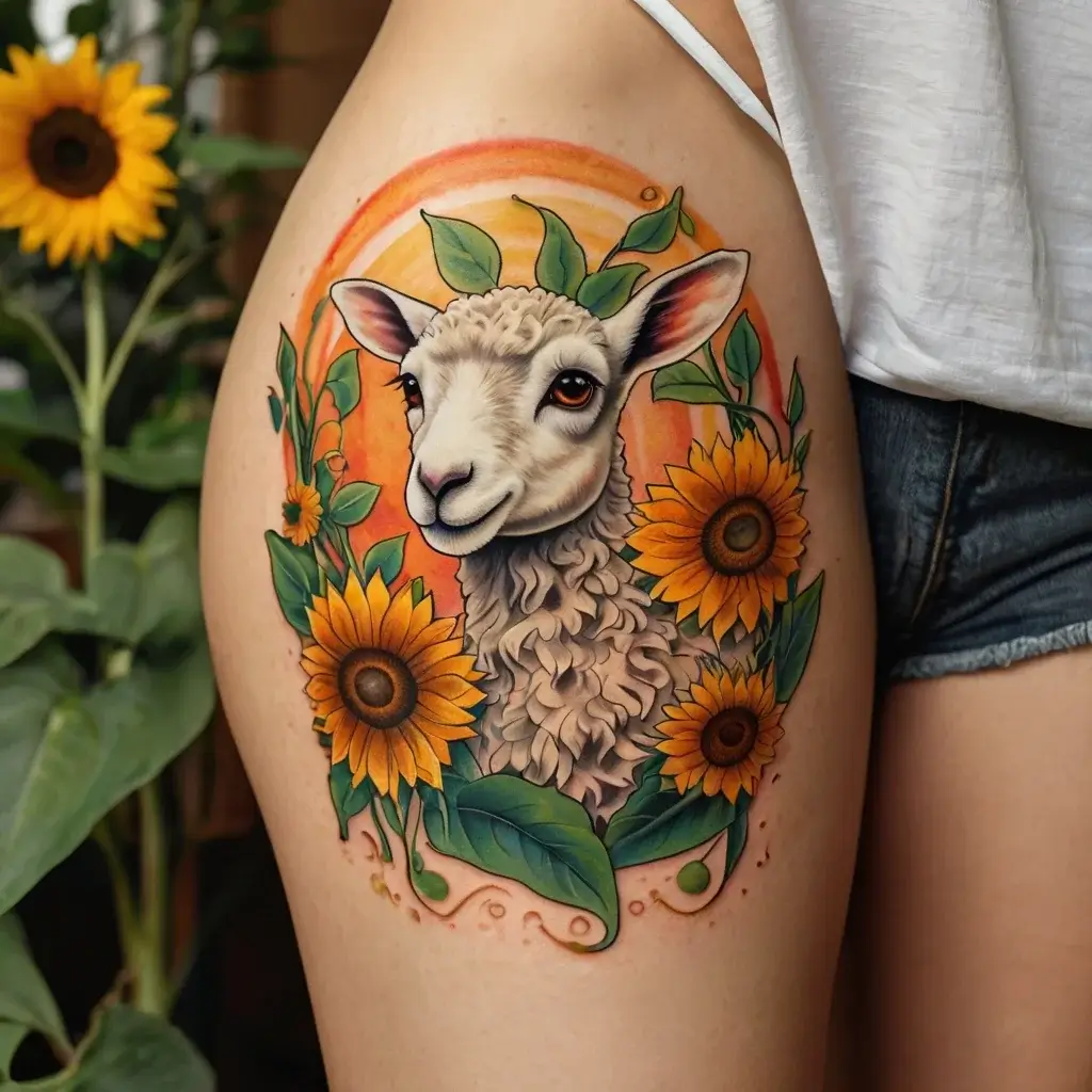 Tattoo of a sheep amid sunflowers, with vibrant leaves and an orange background, symbolizing nature and joy.