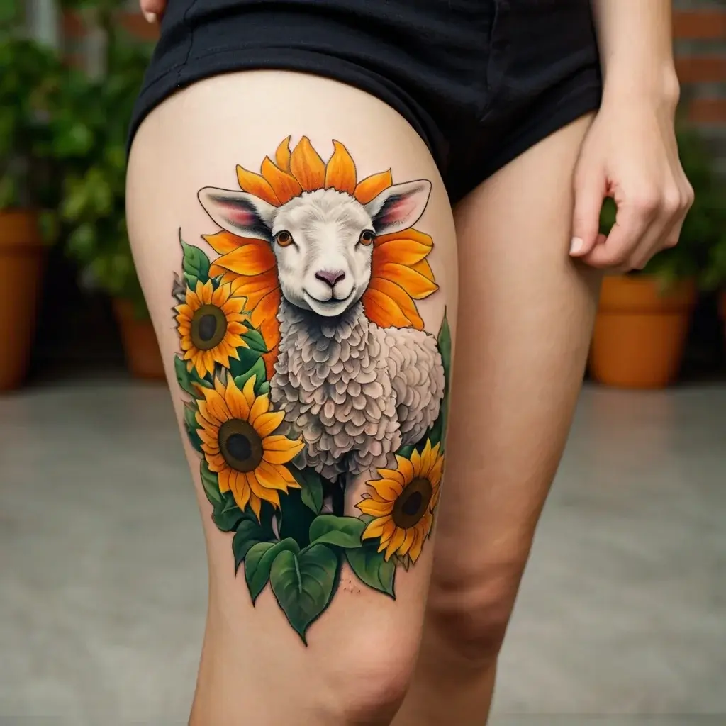 Vibrant thigh tattoo of a sheep adorned with sunflowers, blending realism and bold colors for a whimsical effect.