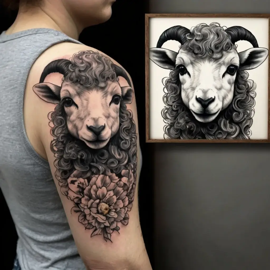 Realistic ram portrait tattoo with intricate curls and horns, complemented by detailed floral design on the shoulder.