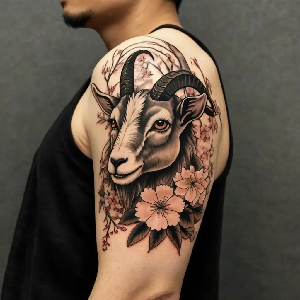 Realistic goat tattoo entwined with cherry blossoms on upper arm, blending nature-themed artistry with detail.