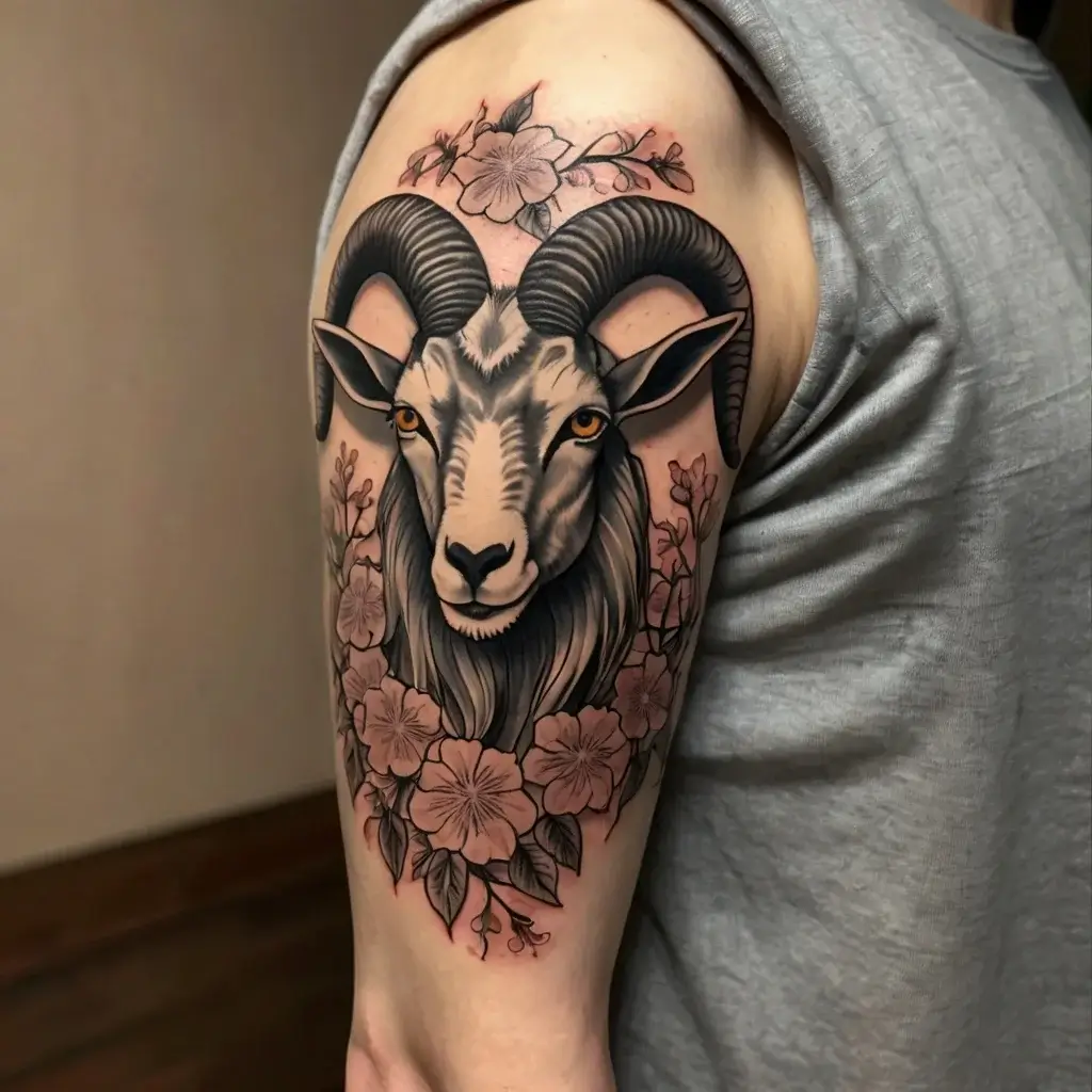 Tattoo of a detailed ram’s head with large horns, surrounded by blooming flowers on the upper arm.