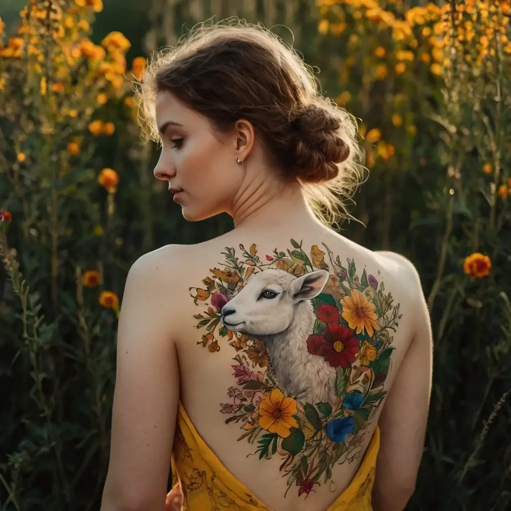 Tattoo of a lamb surrounded by vibrant flowers and leaves, symbolizing nature and innocence on the woman's back.