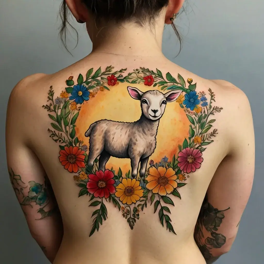 Tattoo of a lamb encircled by vibrant flowers and leaves on the back, with a bright yellow watercolor sun background.