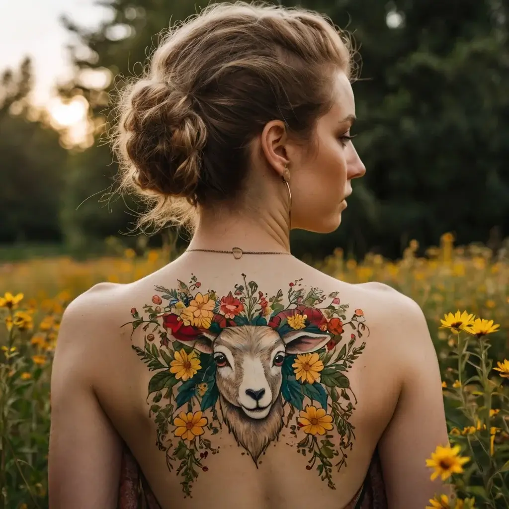 Tattoo of a sheep's head framed by vibrant flowers in full bloom, symbolizing harmony with nature on the upper back.