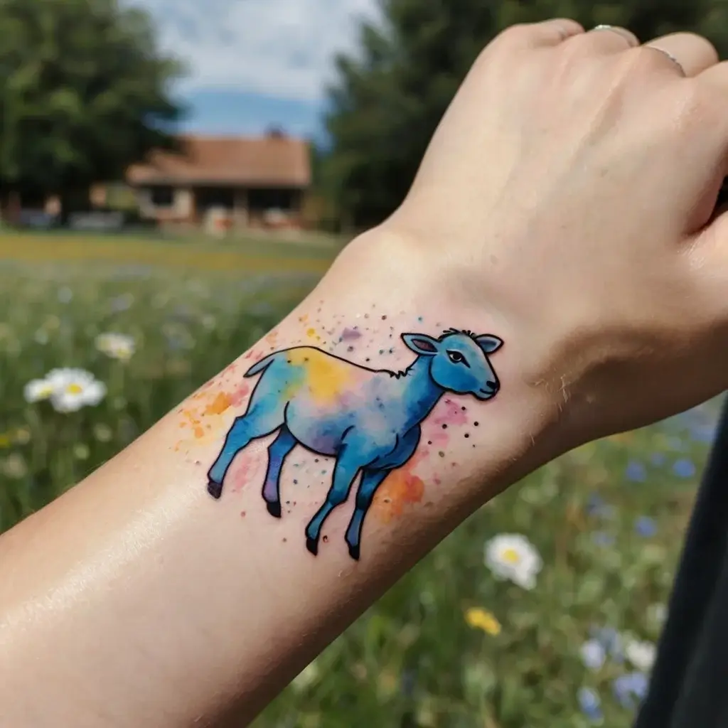 Colorful lamb tattoo blending blue, yellow, and orange in a watercolor style on the wrist amidst countryside backdrop.