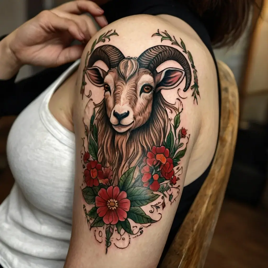 A detailed ram head tattoo with curled horns surrounded by vibrant red flowers and green leaves on the upper arm.