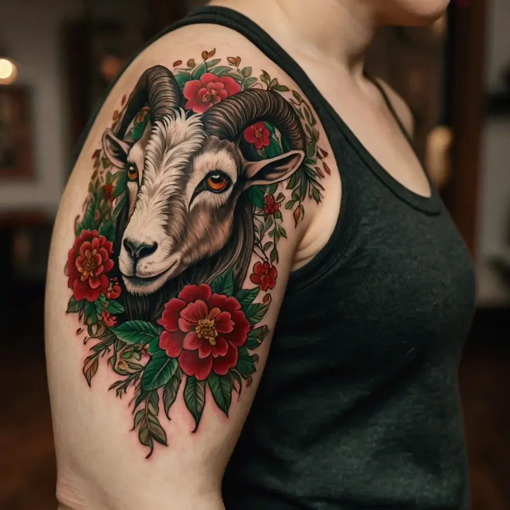 Detailed goat head tattoo with vibrant red flowers and green leaves on the upper arm, surrounded by intricate vines.