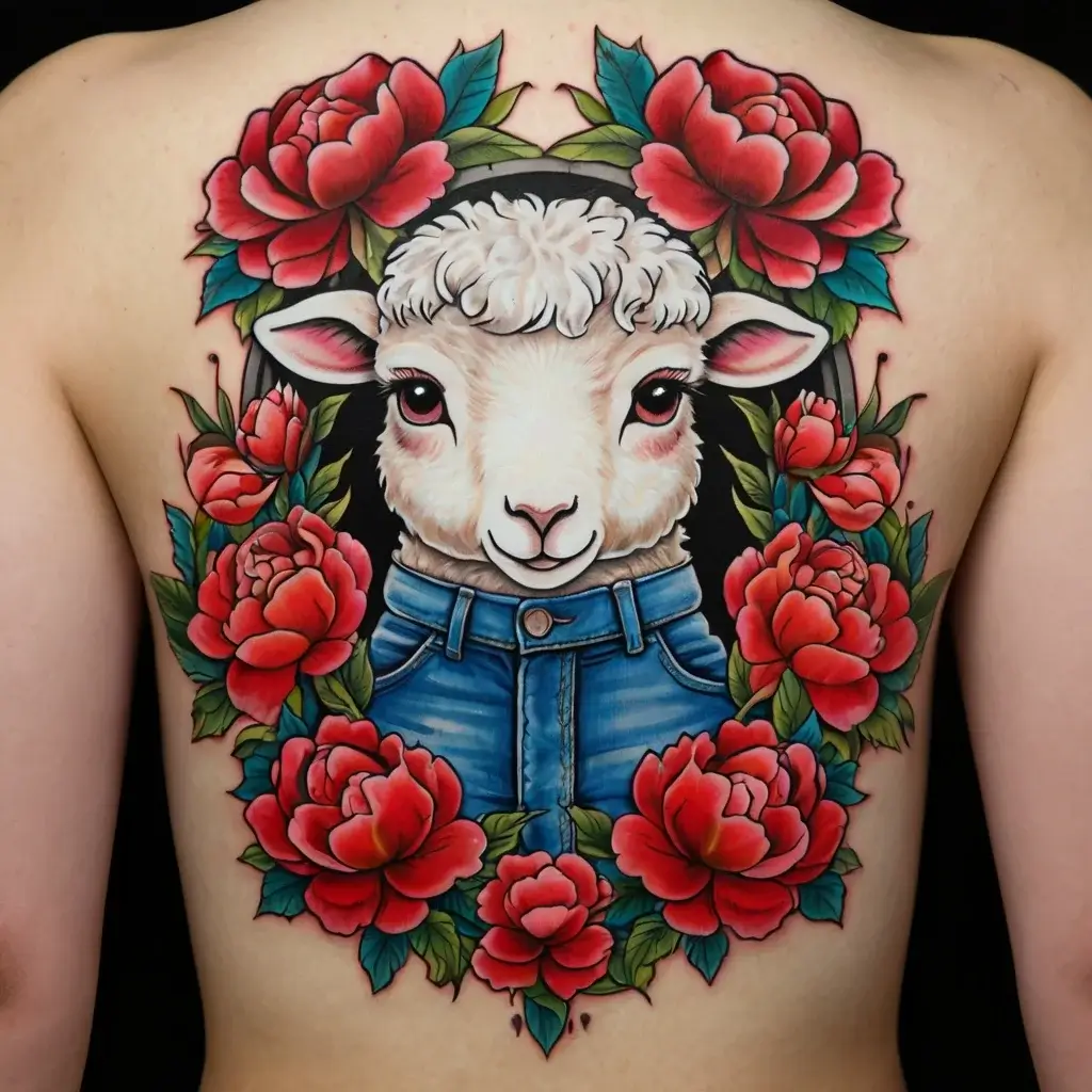 Tattoo of a lamb in denim overalls surrounded by vivid red peonies, blending whimsical and floral elements.