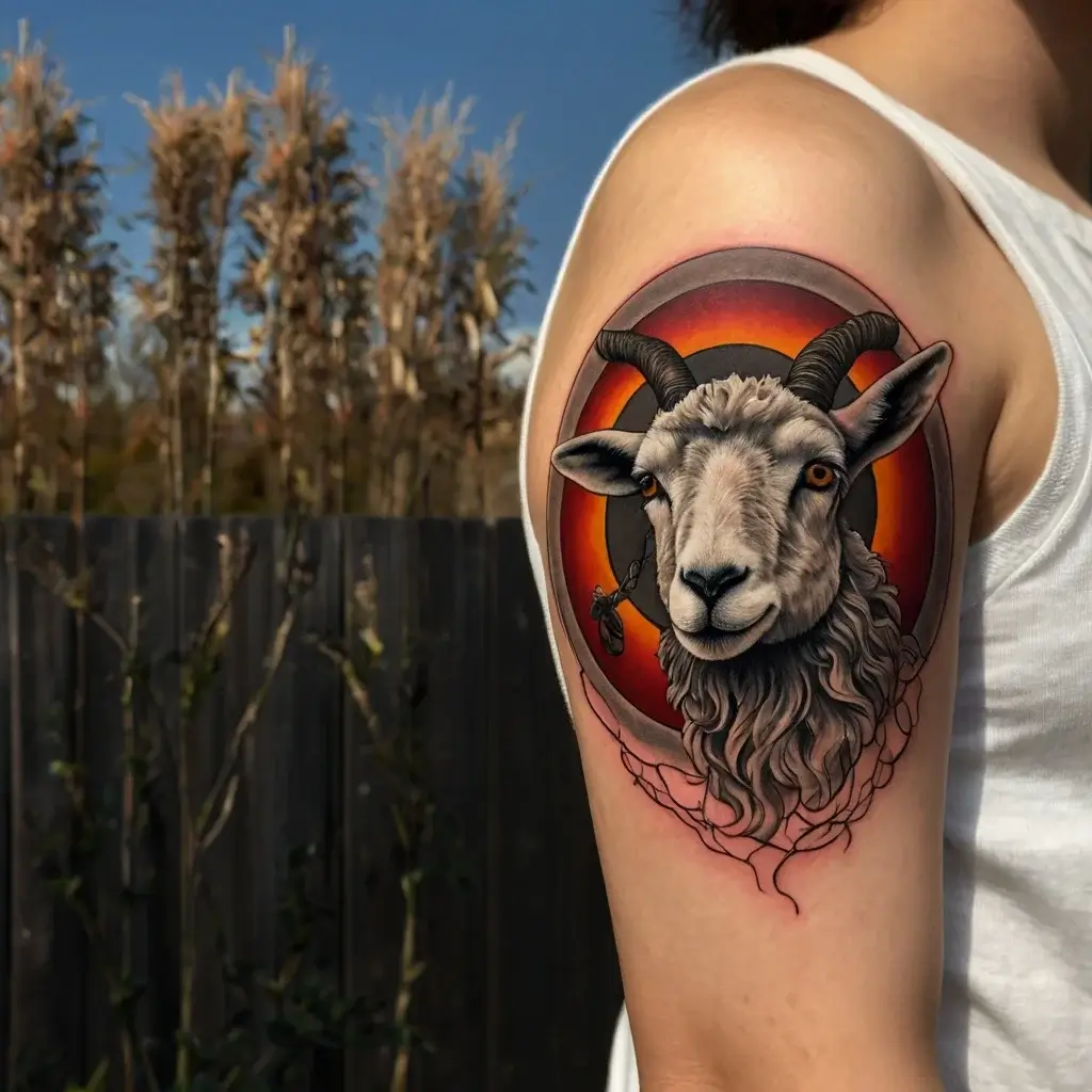 Realistic goat head tattoo with detailed horns and beard against an orange-red circular background on upper arm.